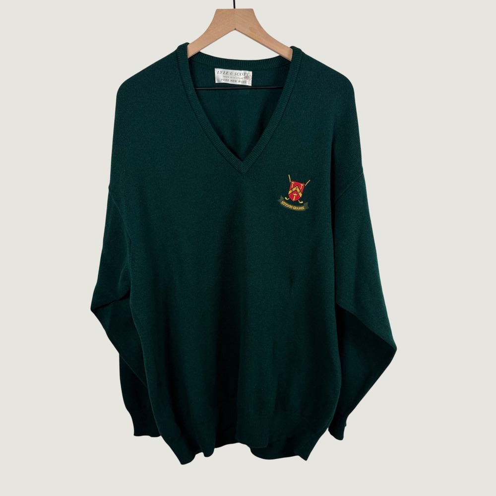 Lyle & Scott Mens L/XL Green V-Neck Wool Sweater Heydon Grange Made in Scotland